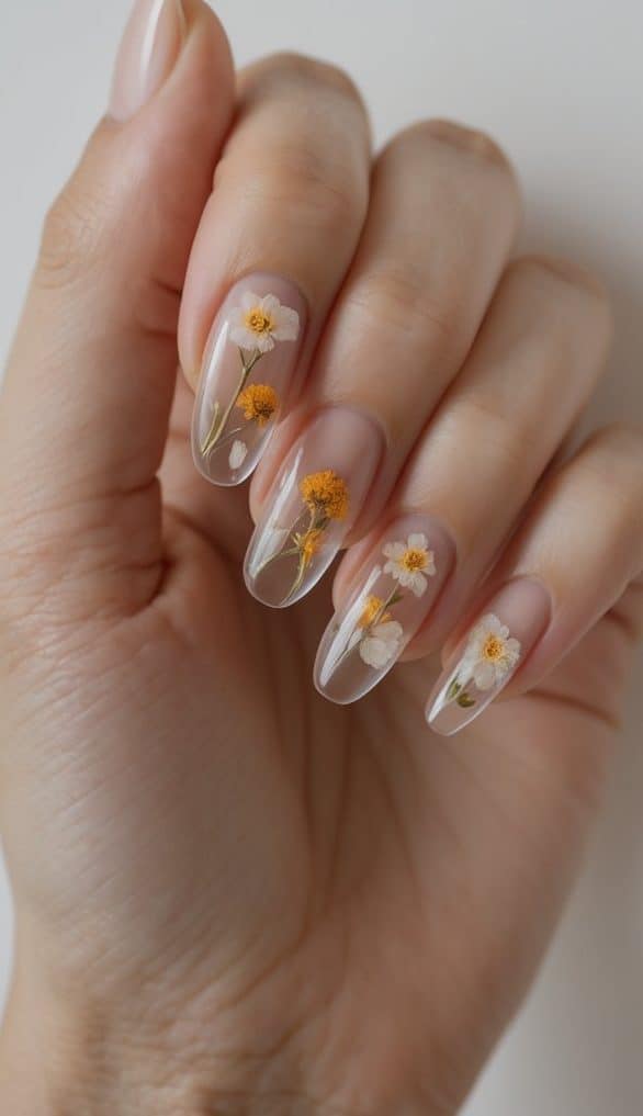 Close-up of a hand with see-through nails and dried white and yellow flowers — a botanical romantic nail art idea