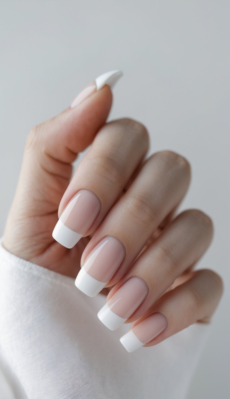 Hand with medium-length square nails showcasing a white French tip nail art idea with glossy nude polish and bold, symmetrical white tips