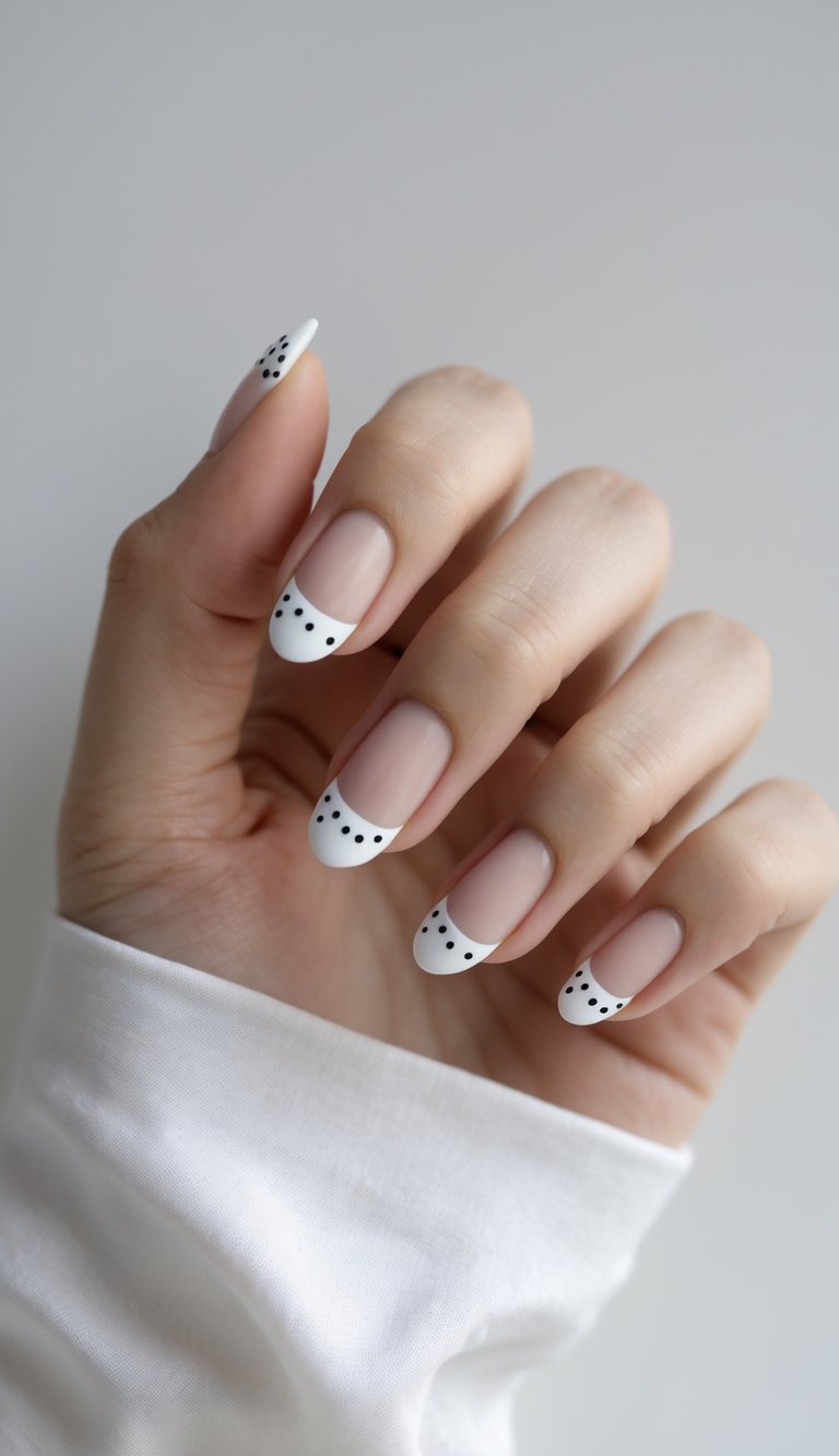Close-up of nude nails with rounded white French tips accented by black dots, highlighting a white French tip nail art idea that feels soft and modern