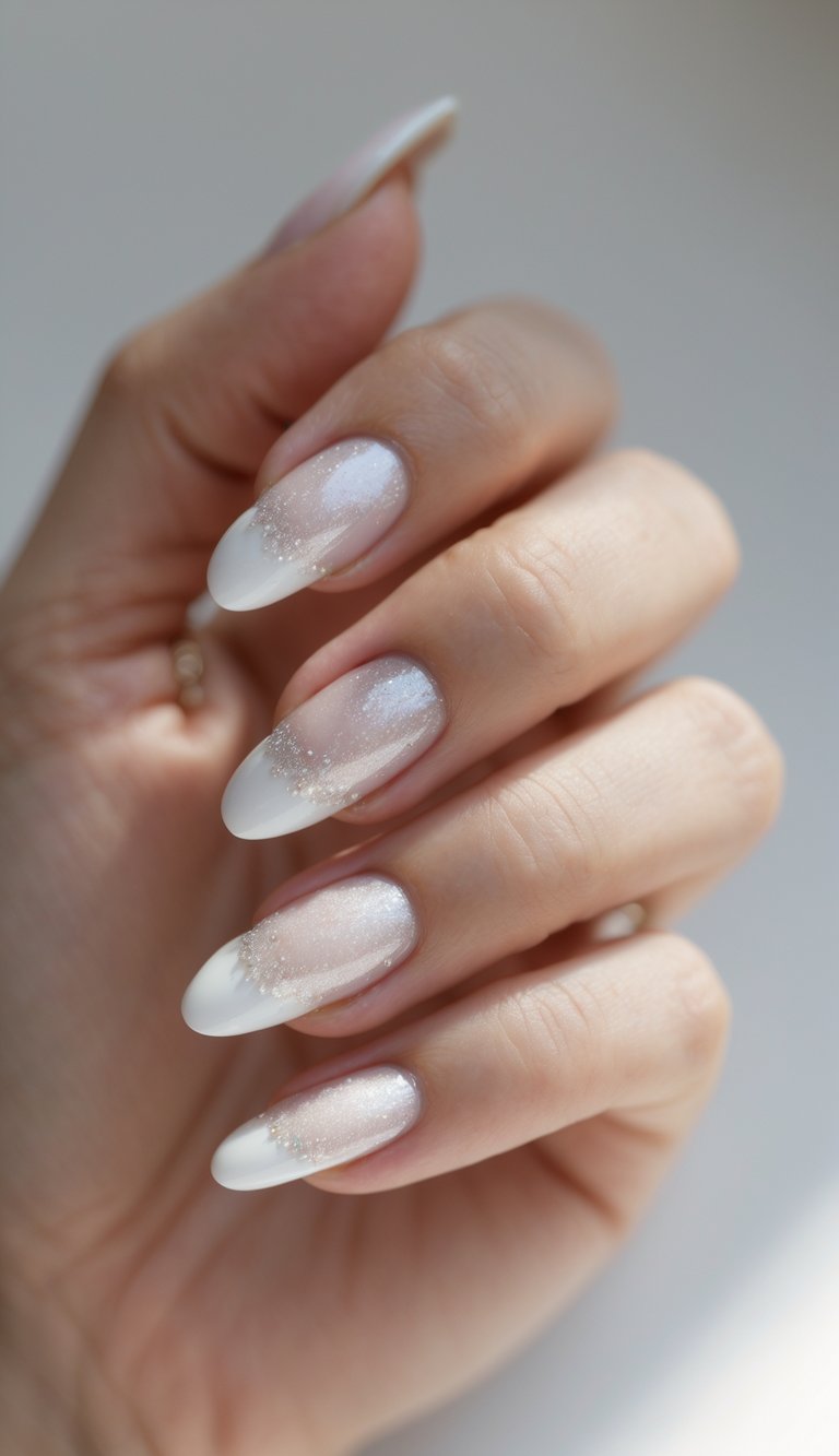 Feminine hand with almond-shaped nails, featuring a white French tip nail art idea with sheer base and glittery white tips for a modern glow