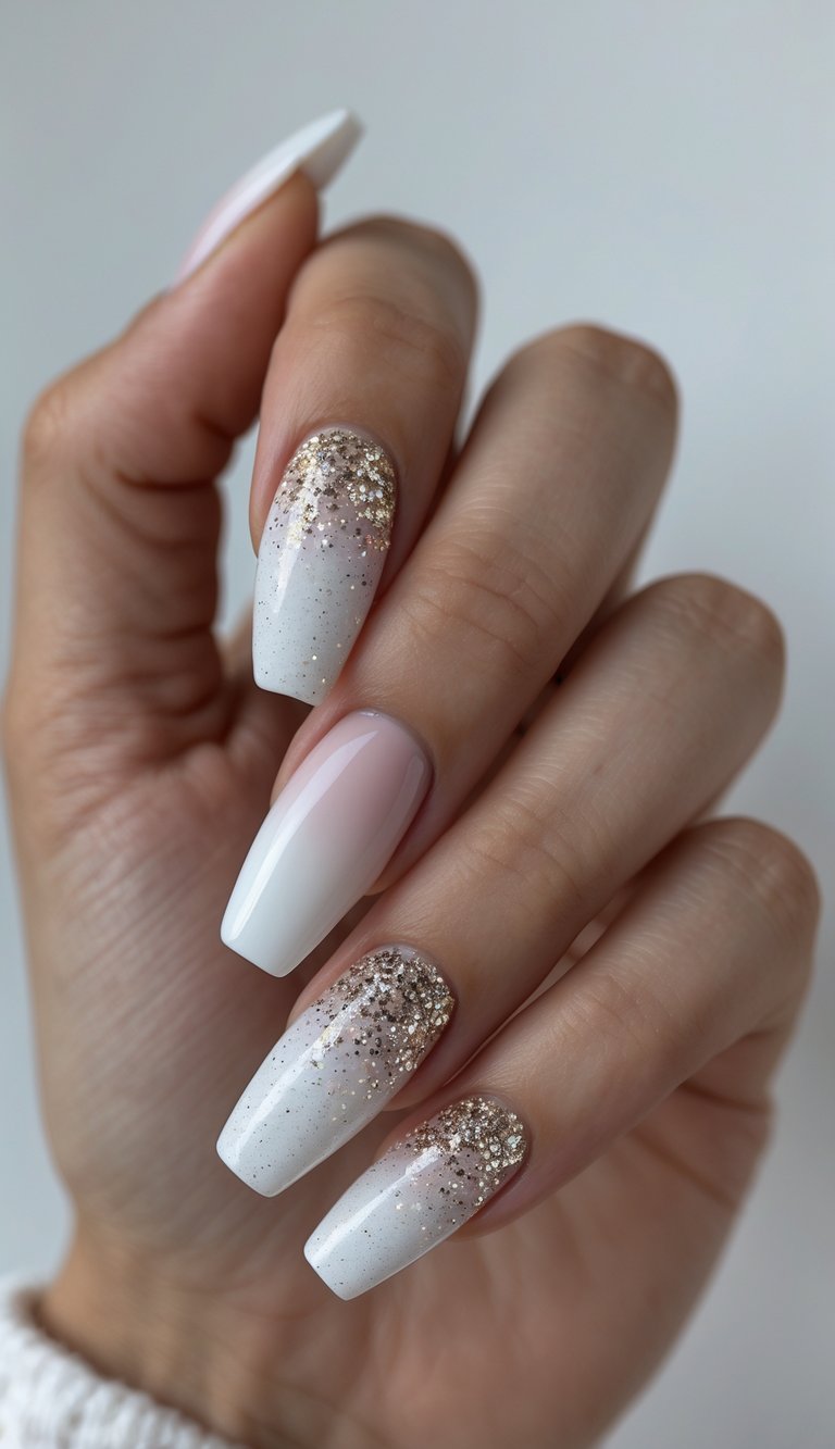 Close-up of hand with white French tip nail art idea featuring gold glitter fading from the base into white tips on square-shaped nails