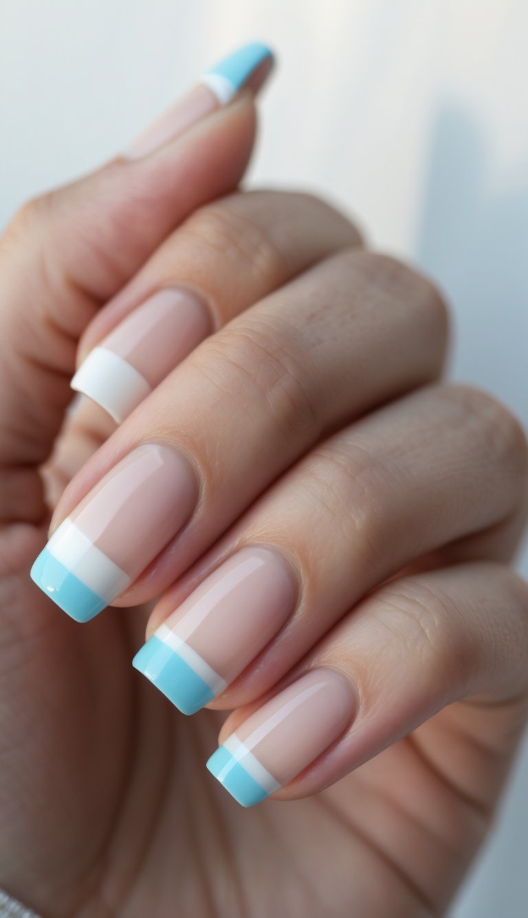 Close-up of short square nails showing a white French tip nail art idea with layered sky blue accents over nude polish for a sleek two-tone look