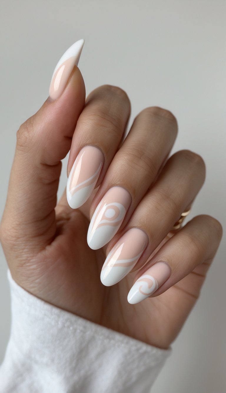 Close-up of a hand showcasing a white French tip nail art idea with flowing nude and white swirls and tapered almond-shaped nails