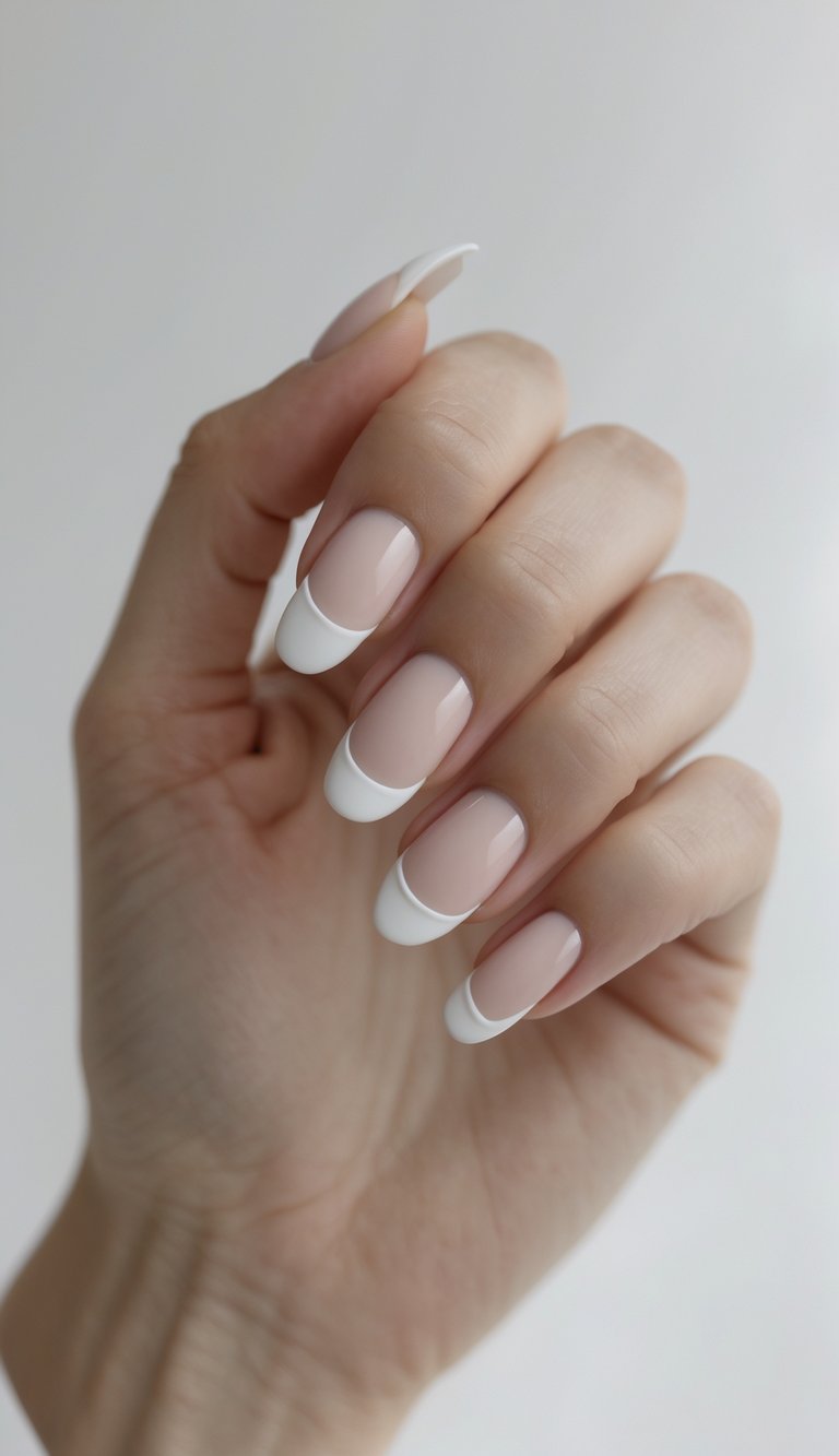 Close-up of a hand showing a white French tip nail art idea with rounded white tips and a light nude base in a shiny finish