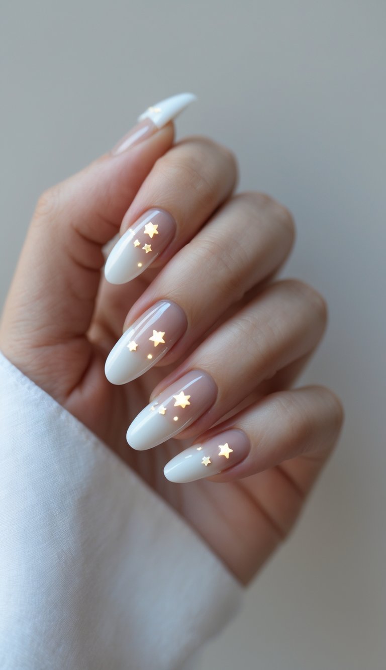Hand with almond-shaped nails showcasing a white French tip nail art idea featuring gold star decals over a soft nude base and bright white tips