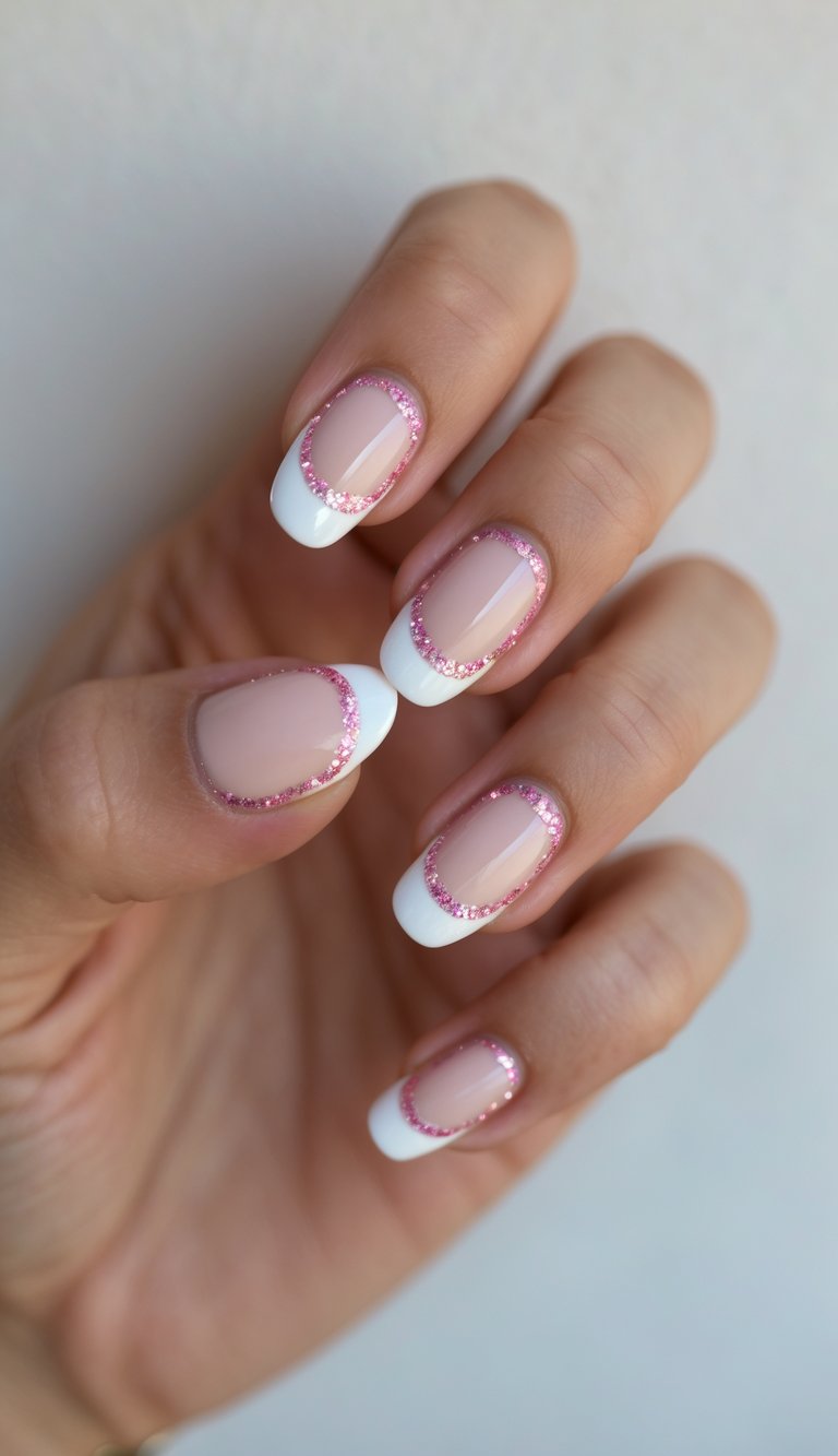 Hand showing a white French tip nail art idea with short square nails, nude base, and pink glitter outline near the cuticles for a bold twist