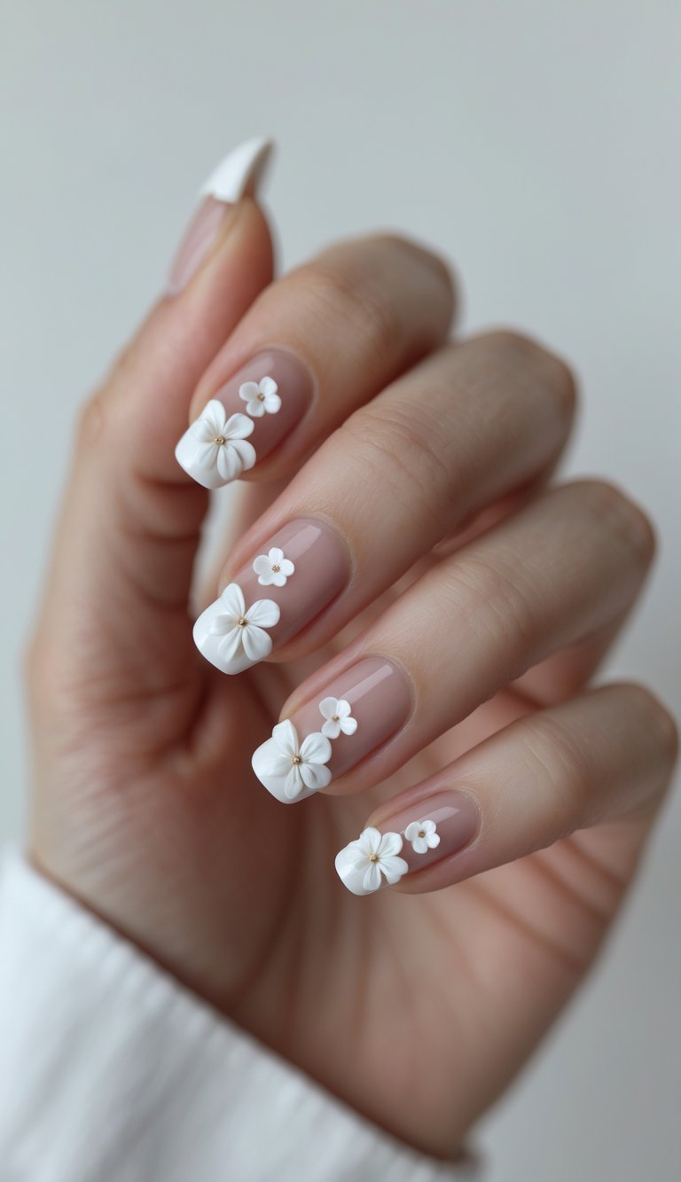 Hand showing a white French tip nail art idea with sculpted 3D white flowers on square nude nails