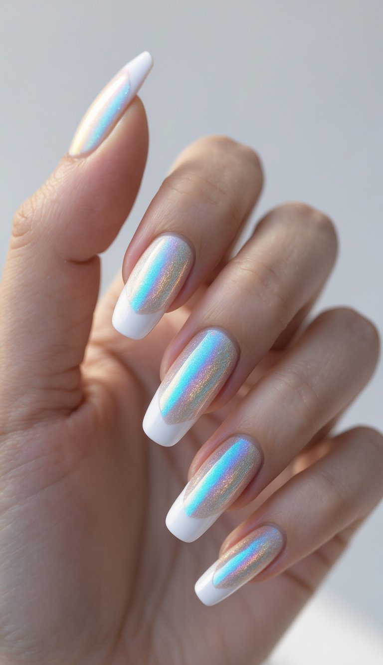 Close-up of fingers wearing a white French tip nail art idea with reflective prism-like chrome polish over medium-length nails