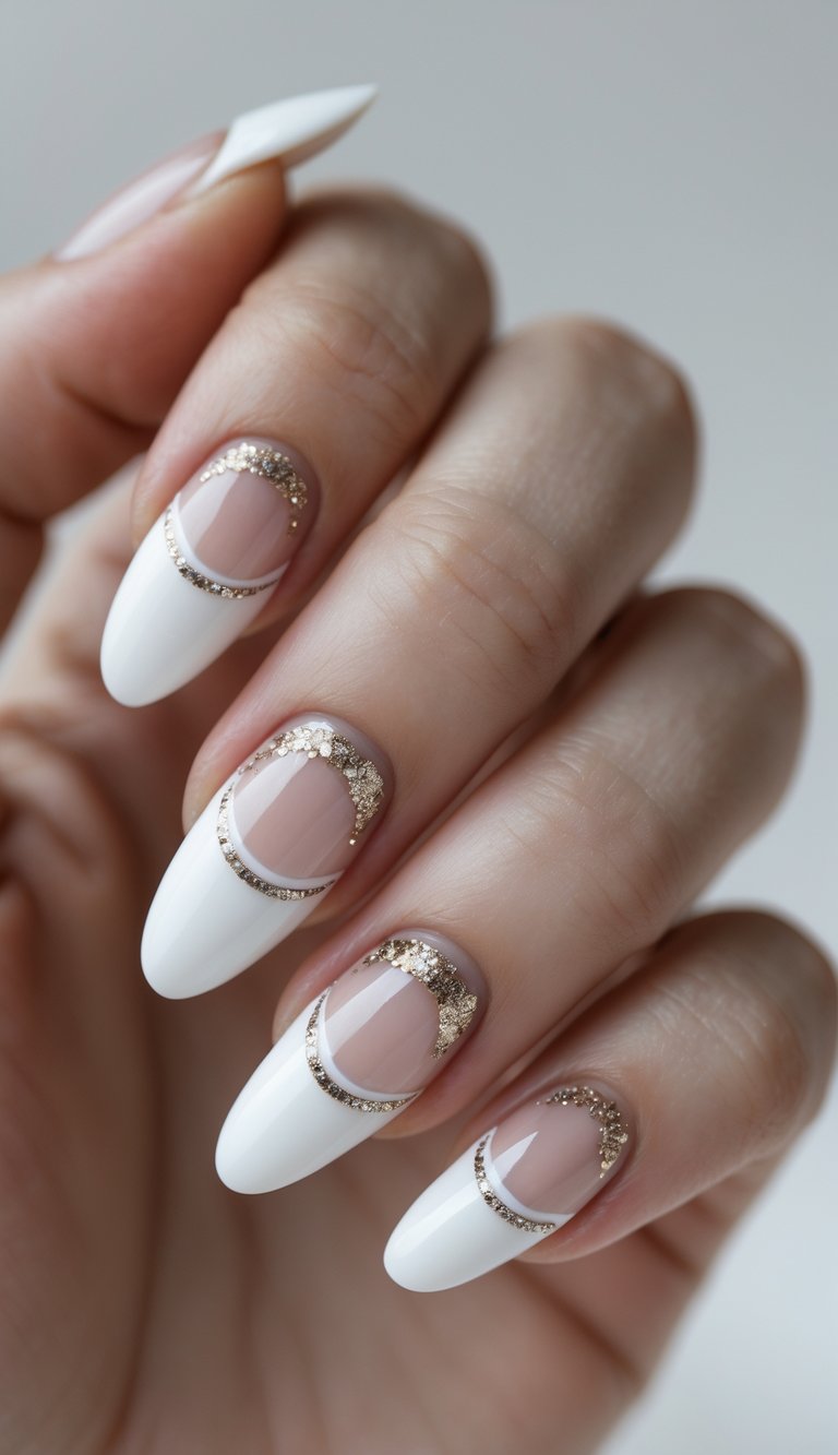 Close-up of elegant nude nails with white tips and fine gold glitter crescent accents near the nail beds