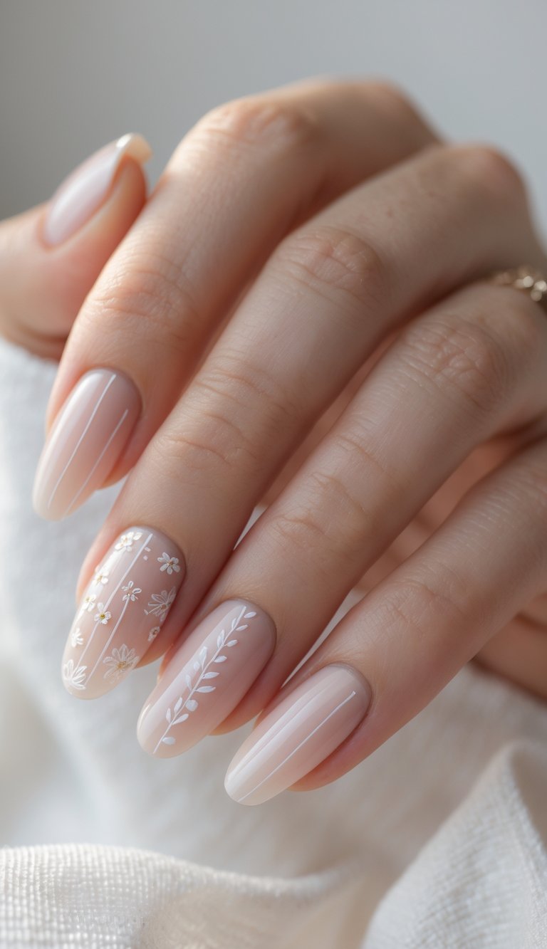 Close-up of one hand with neatly manicured nails displaying delicate and detailed nail art on a white background.