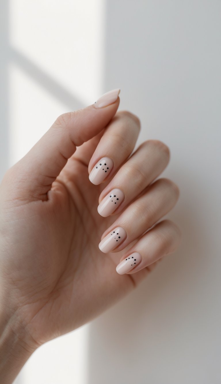 A softly lit hand displays short almond nude nails, each featuring small black dot accents arranged in neat clusters, highlighting a dainty nail art idea.