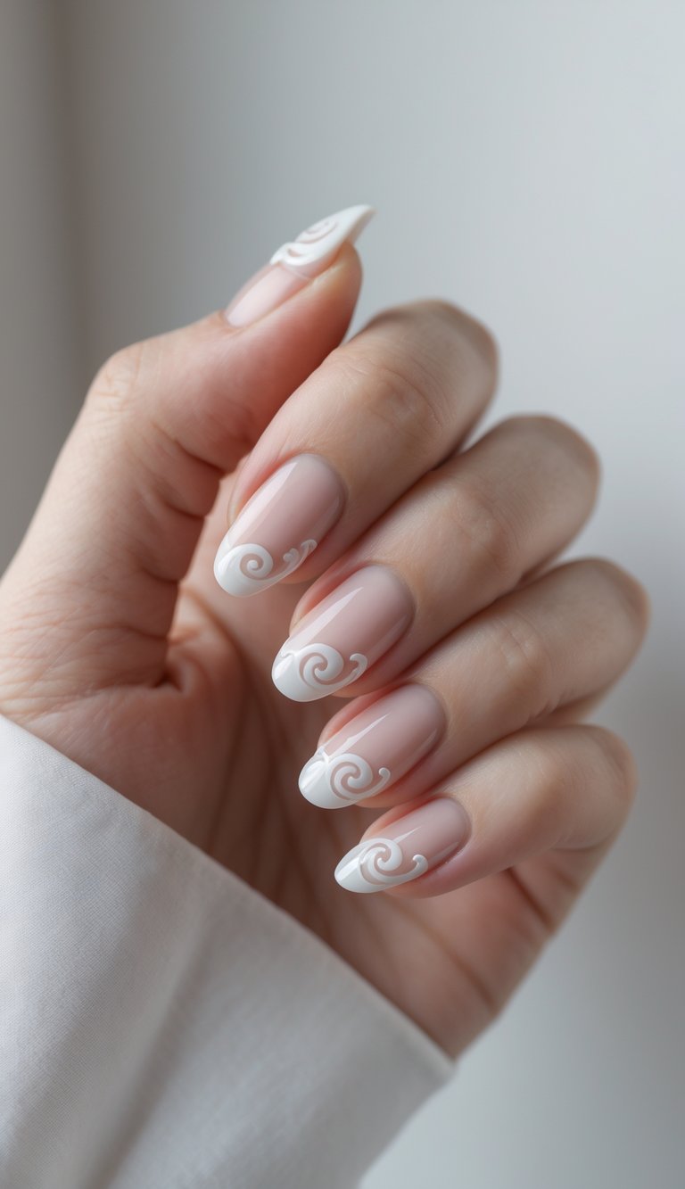 Close-up fingers show pale nude nails with white French edges and flowing swirl patterns, creating a soft, ornamental dainty nail art idea against a neutral background.