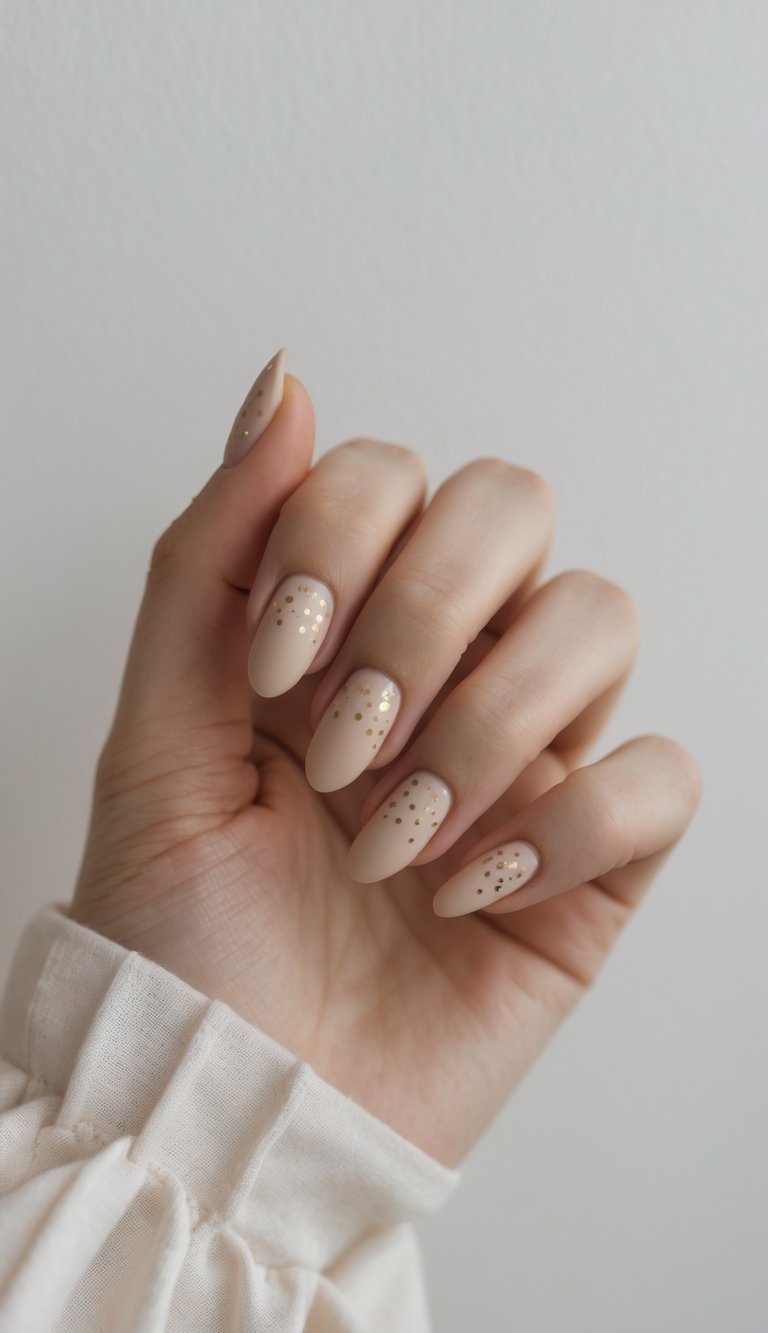 A hand with almond-shaped matte nude nails shows tiny gold foil specks placed delicately across each nail, presenting a minimalist dainty nail art idea in natural light.