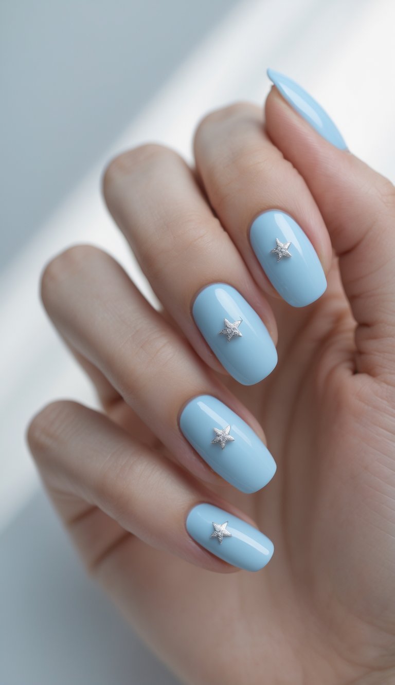An angled view of a hand reveals shiny light blue nails decorated with small silver stars, capturing a playful yet elegant dainty nail art idea.