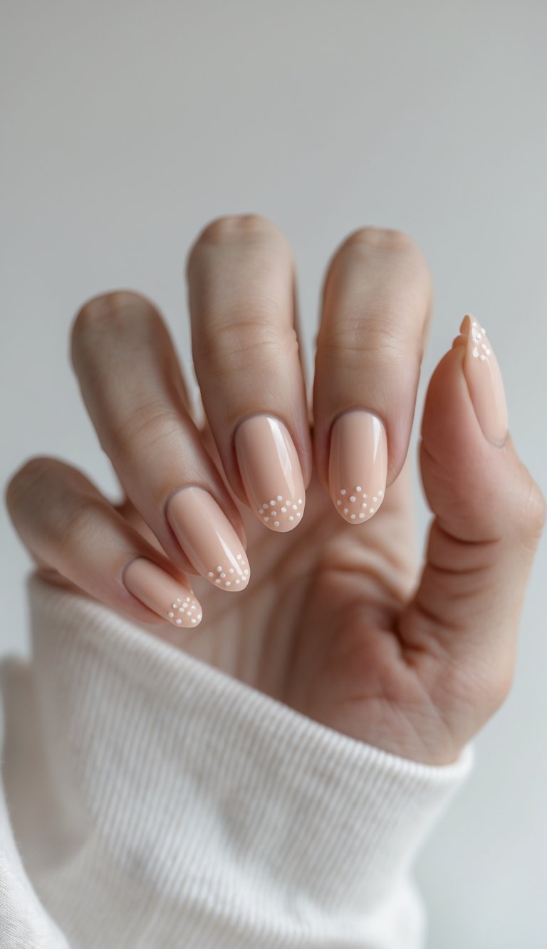 A relaxed hand displays glossy nude-peach nails decorated with small white dot clusters near the tips, highlighting a refined dainty nail art idea against a neutral background.
