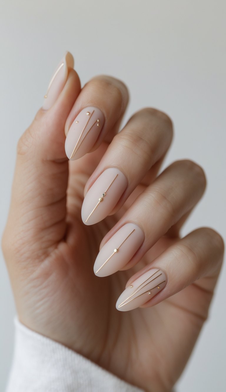 A close-up of an almond-shaped manicure shows nude nails accented with slender gold striping and delicate studs, presenting a sleek dainty nail art idea on a relaxed hand.
