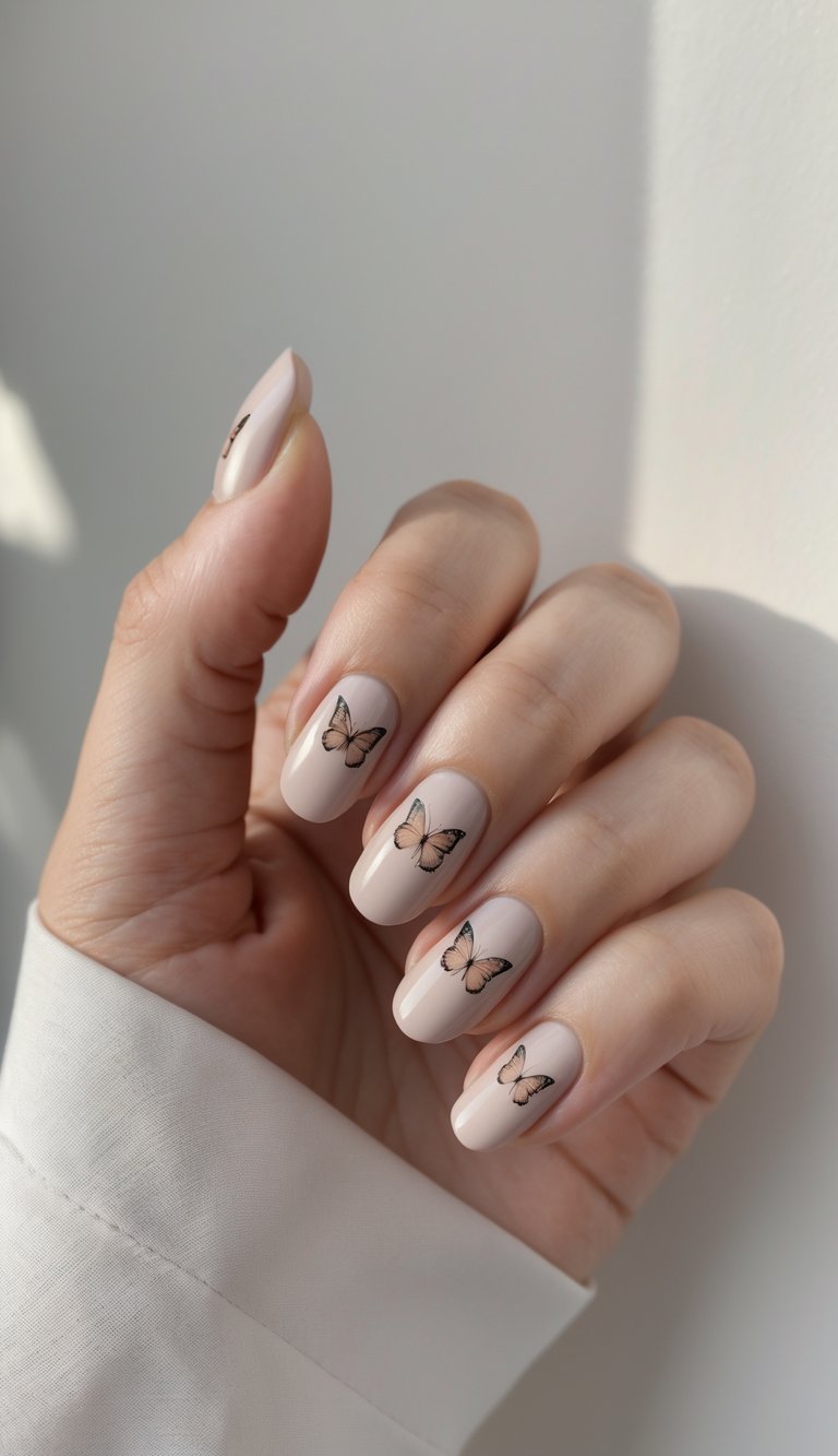 A hand rests in natural light showcasing nude almond-shaped nails, each adorned with small butterfly designs, presenting a gentle and elegant dainty nail art idea.