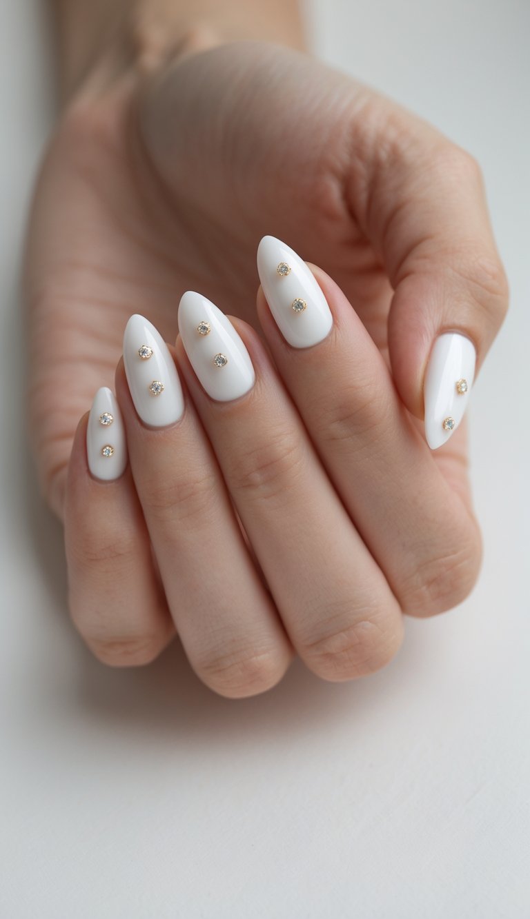 Close-up of a hand with glossy white almond nails featuring delicate gold stud accents, captured in natural light to highlight a chic dainty nail art idea.