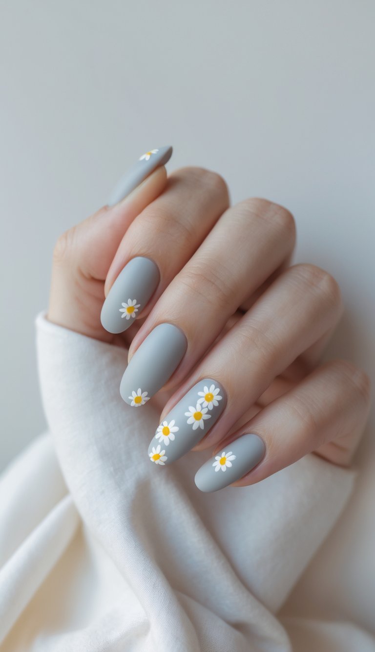 Close-up of a hand with matte gray nails featuring miniature white daisy designs with yellow centers, photographed against a pale background as a dainty nail art idea.