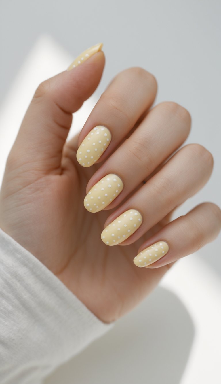 A hand partially wrapped in white fabric showing pale yellow nails with evenly placed white polka dots, captured to showcase a dainty nail art idea.
