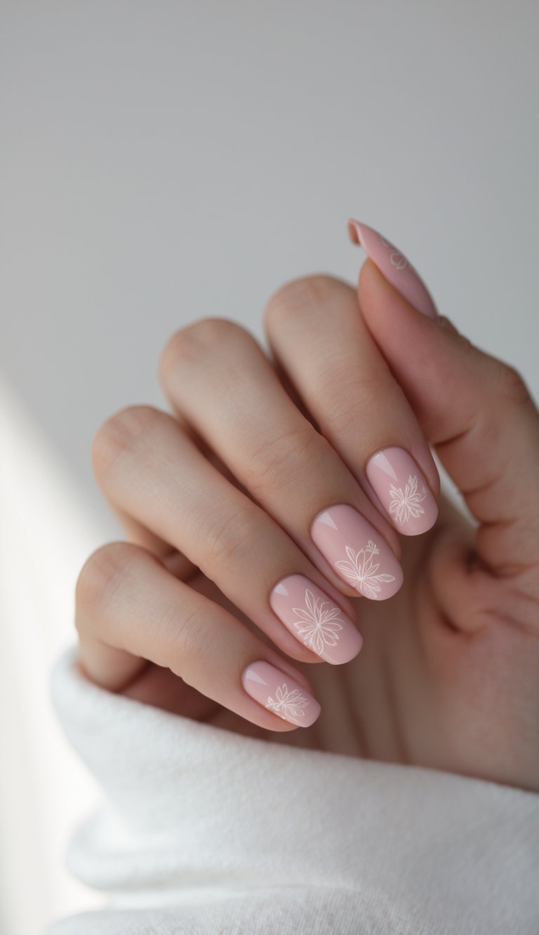 A relaxed hand wrapped in white fabric showing blush pink nails with delicate white floral drawings, photographed to emphasize a dainty nail art idea.