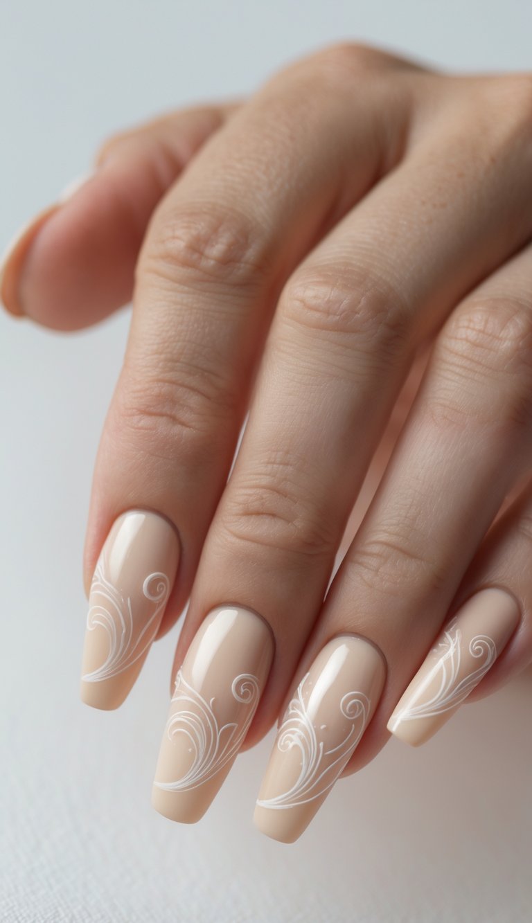 Close-up of a hand with long nude-beige nails decorated with fine white swirling line art, shown against a soft neutral background in natural light