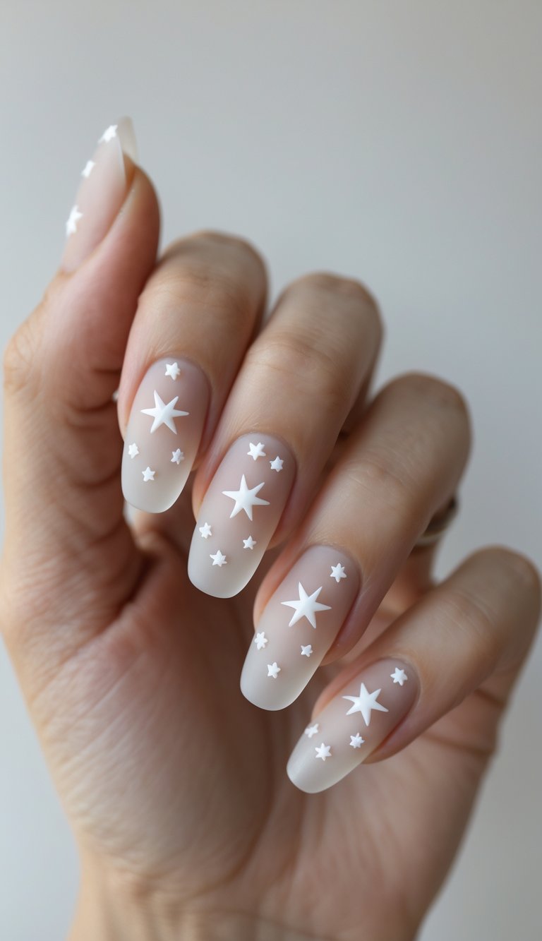 A close-up of a hand showing almond-shaped nude nails decorated with small and medium white star designs placed evenly across each nail.