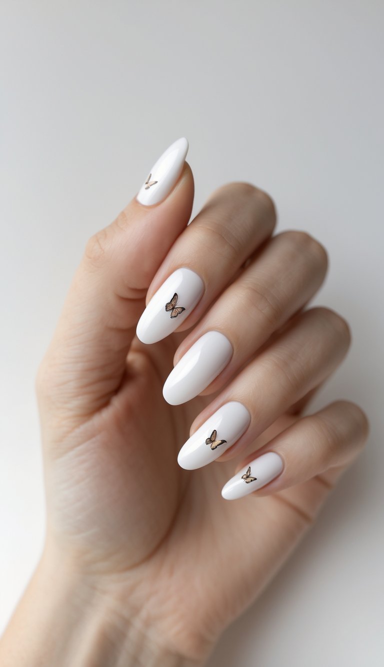 A hand with almond-shaped glossy white nails featuring small metallic butterfly designs placed individually on select nails.
