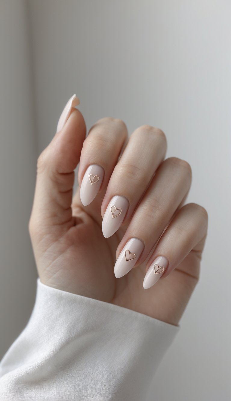 Close-up of a hand showing blush nude almond nails with delicate metallic heart outlines, photographed against a soft neutral background.