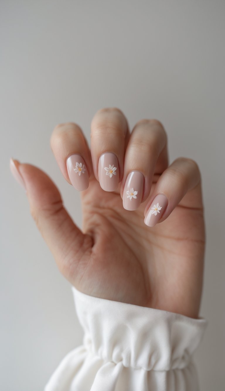 Sheer nude manicure with delicate white flowers, showcasing a dainty nail art idea.