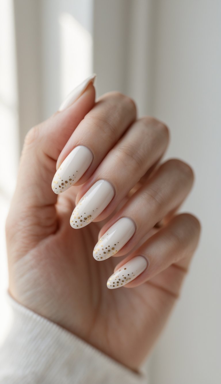 Hand showing milky nude nails with delicate gold foil dots, highlighting a dainty nail art idea.