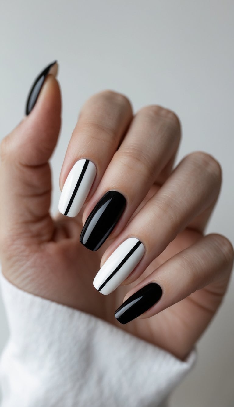 From a slightly angled view, a hand displays almond-shaped nails painted black and white, where white nails feature narrow black line details down the center.
