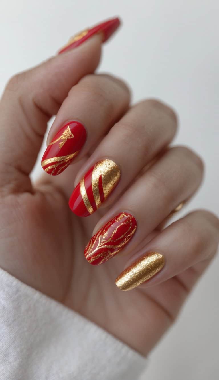 From an angled view, a hand features glossy red nails decorated with flowing gold foil-style lines and alternating solid gold nails.