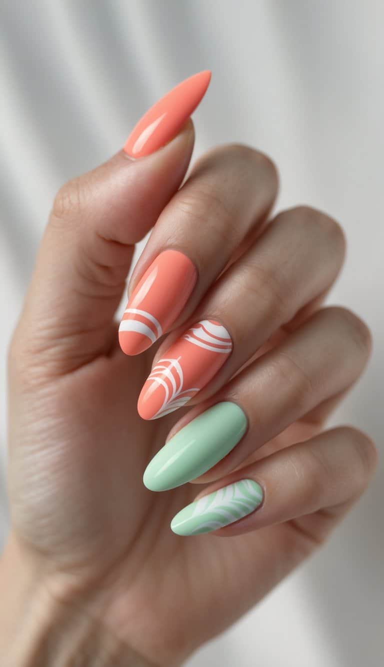 A close-up of a hand shows almond-shaped nails painted coral and mint green, accented with fine white swirl patterns under soft natural light.