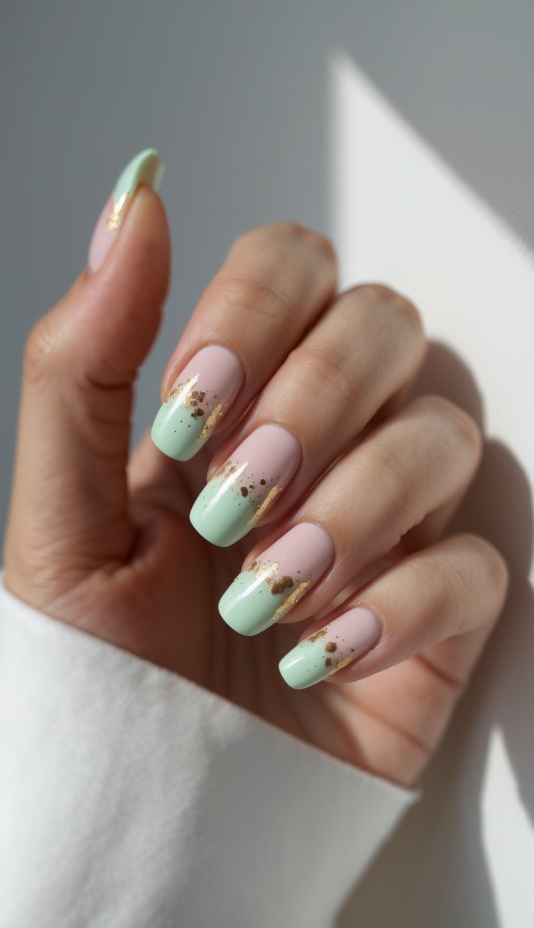 A close-up of a hand shows almond-shaped nails blending blush pink and mint green, finished with irregular gold foil accents for an elegant two tone nail art look.
