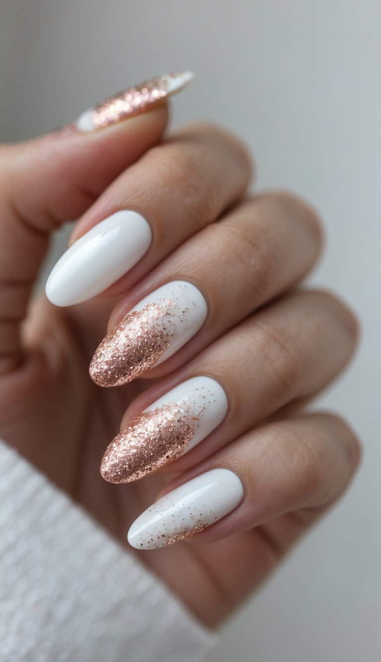 A close-up of a hand displays glossy white nails accented with rose gold glitter gradients, forming an elegant two tone nail art design with a smooth almond shape.