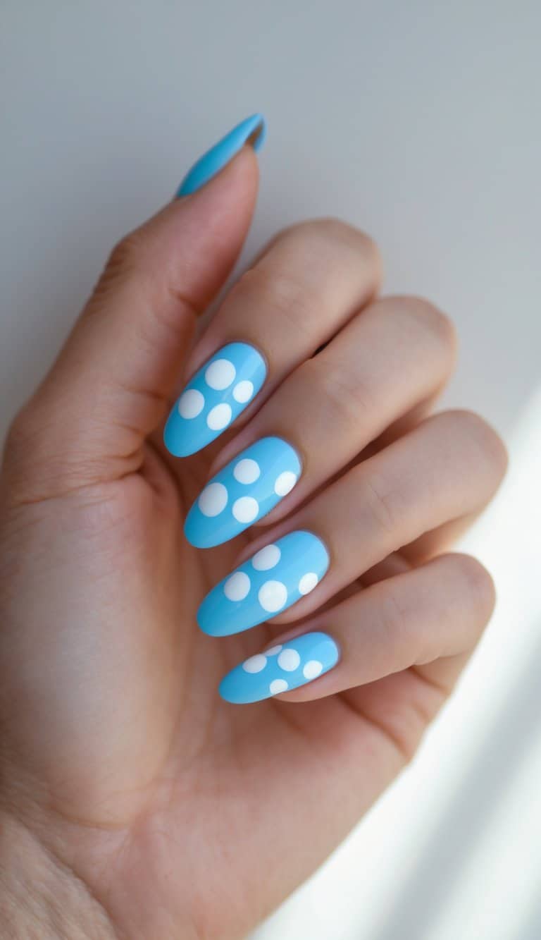 The image shows a manicured hand with glossy blue nails detailed by white polka dots, presenting simple two tone nail art ideas with a bright, minimal finish.