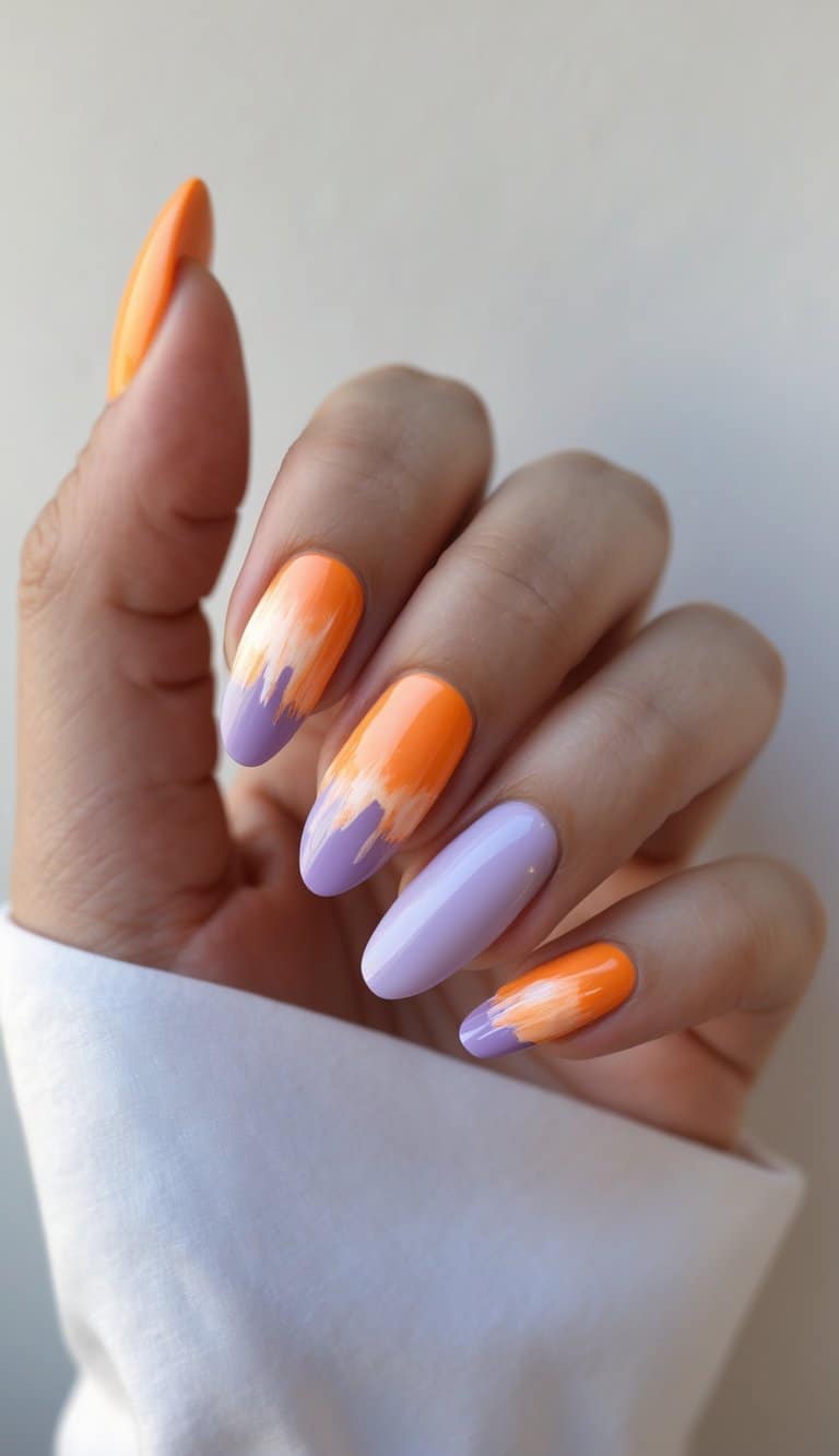 Shown against a neutral background, the hand displays almond nails painted lavender with layered orange strokes, creating modern two tone nail art ideas with a painterly effect.