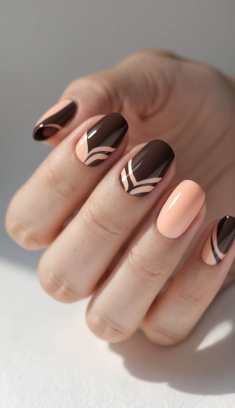 A close-up of a hand shows brown and nude nails with curved line details, highlighting modern two tone nail art ideas with a smooth, high-gloss finish.