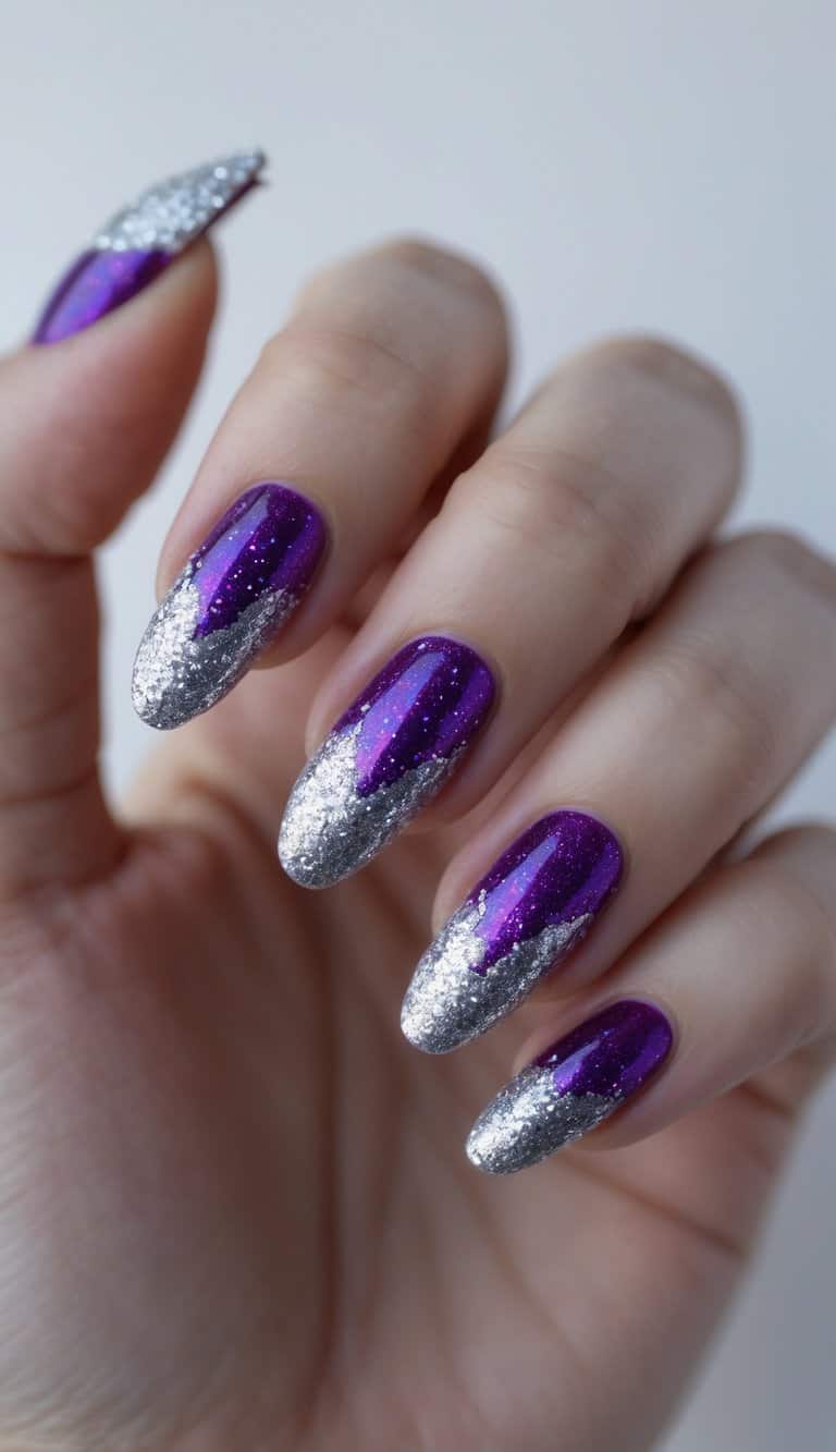 Photographed in soft lighting, the hand features almond-shaped nails in shimmering purple and silver glitter, showcasing eye-catching two tone nail art ideas.