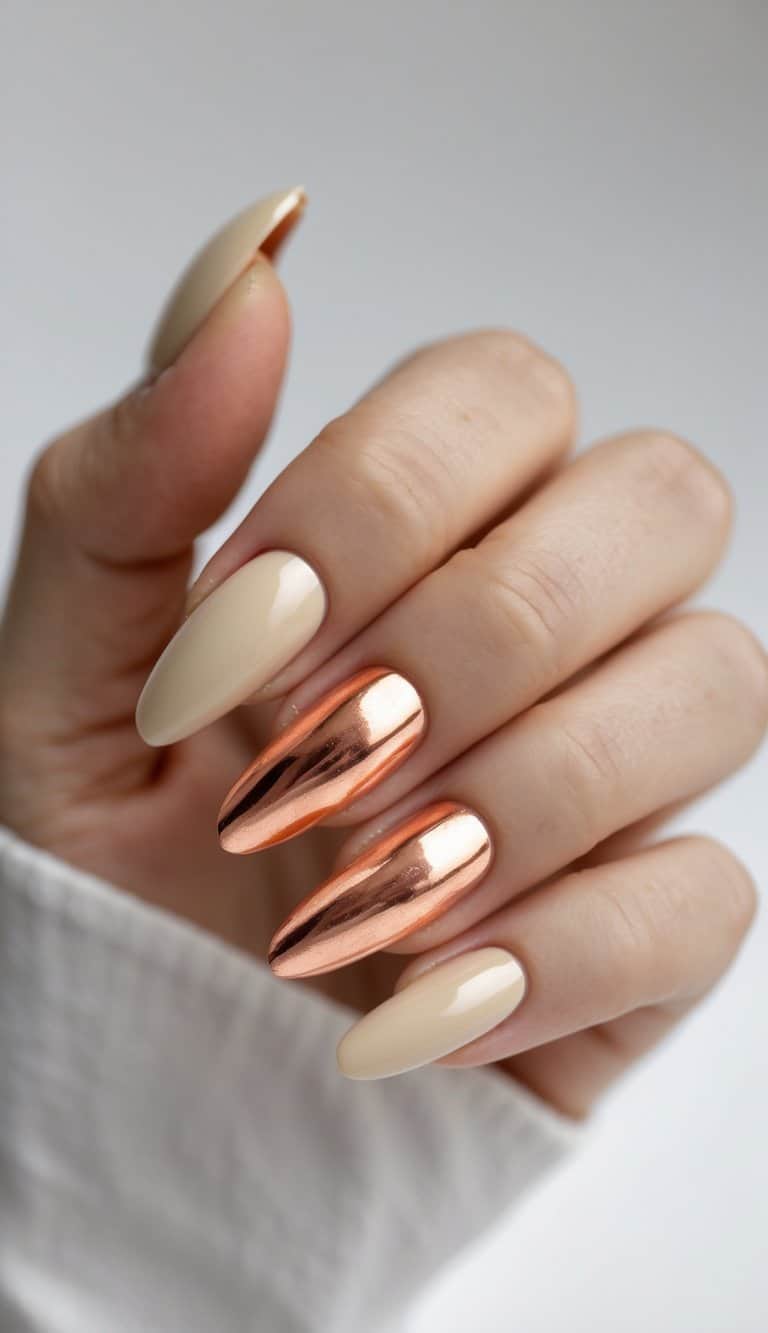 A close-up of a hand shows almond-shaped nails alternating between soft nude lacquer and glossy rose gold chrome, highlighting refined two tone nail art ideas.
