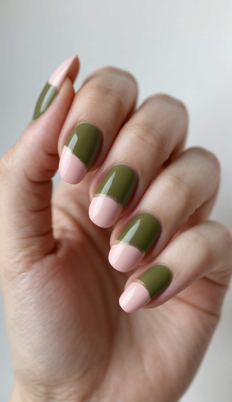 This close-up captures almond-shaped nails featuring olive green and blush pink sections divided by gold lines, emphasizing refined two tone nail art ideas.