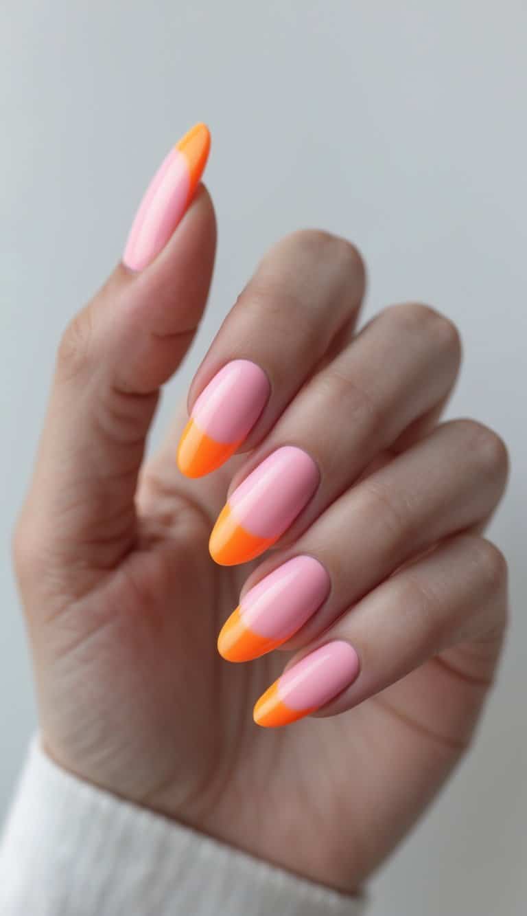 Captured on a relaxed hand, pink nails fade into orange edges with high shine, showcasing playful two tone nail art ideas inspired by warm, sunny color palettes.