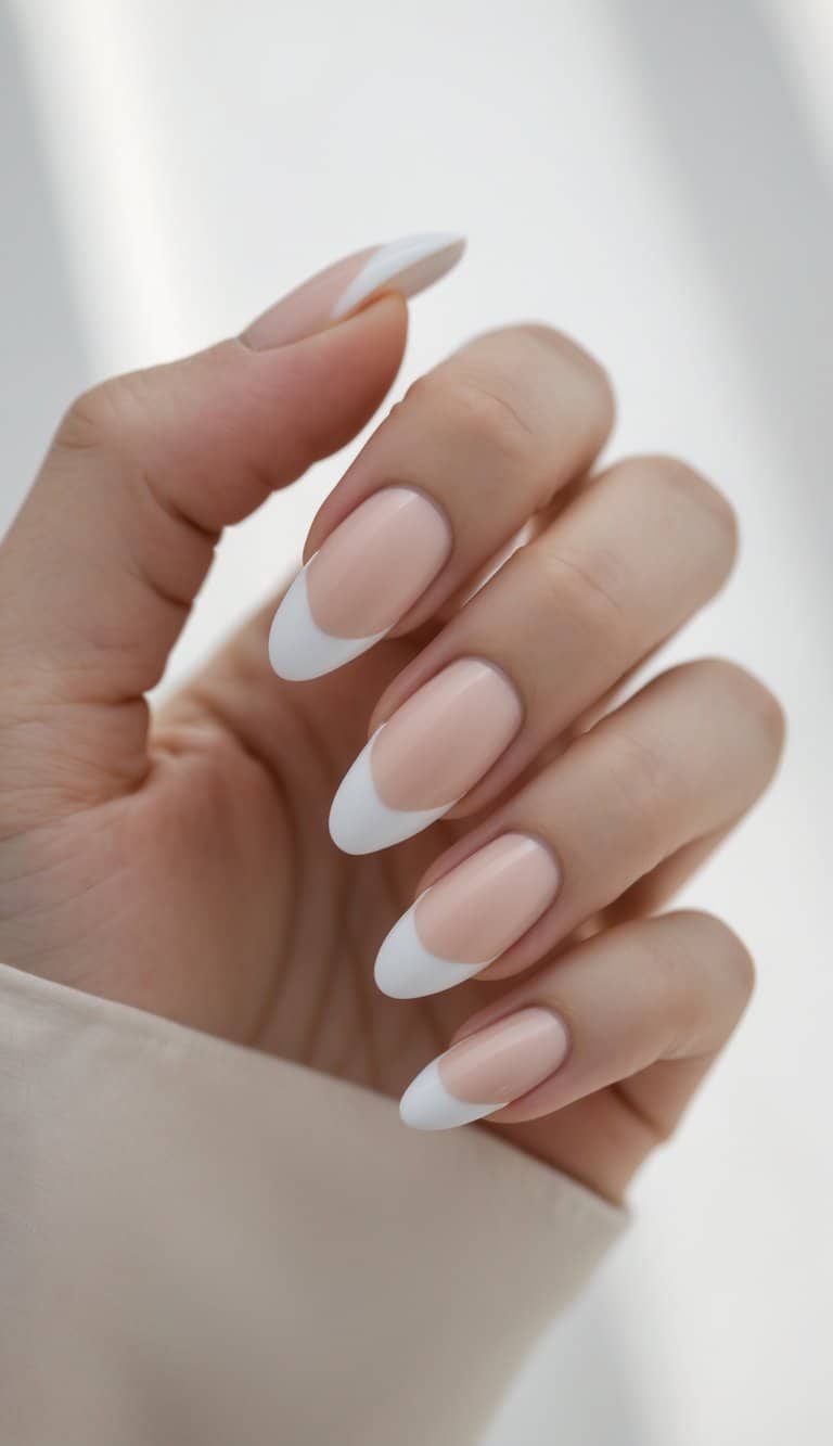 Almond-shaped nails on a relaxed hand feature translucent nude polish paired with rounded white tips, illustrating clean two tone nail art ideas under soft natural light.
