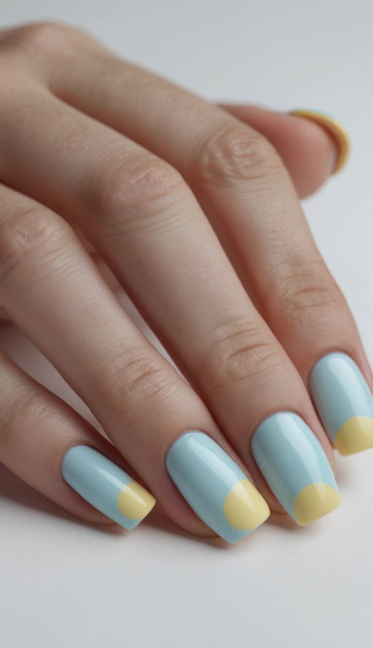 The image captures neatly filed square nails on a relaxed hand, featuring glossy pastel blue bases paired with soft yellow tips in clean two tone nail art ideas.