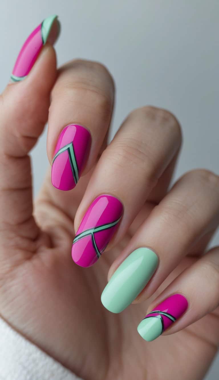 A close-up of a hand shows glossy almond-shaped nails painted hot pink and mint green, accented with thin black lines forming striking two tone nail art ideas.