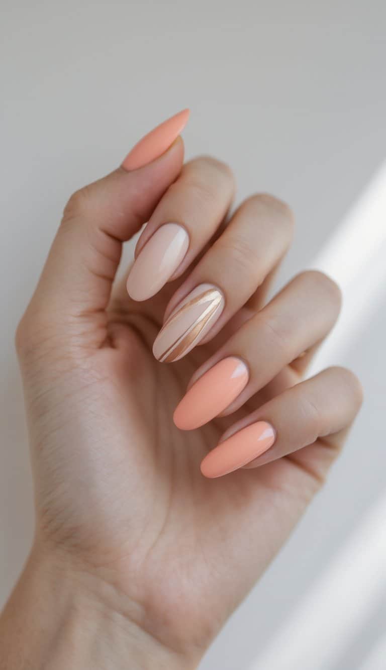 A softly lit hand displaying glossy almond nails in peach and nude colors, accented by fine gold striping on one nail, capturing modern two tone nail art ideas with a polished look.