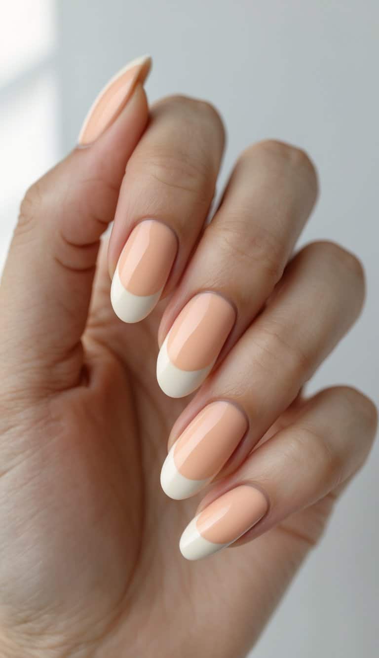 A detailed close-up shows almond-shaped nails on a hand, finished in peach and ivory shades, emphasizing smooth transitions and a refined two tone nail art idea.