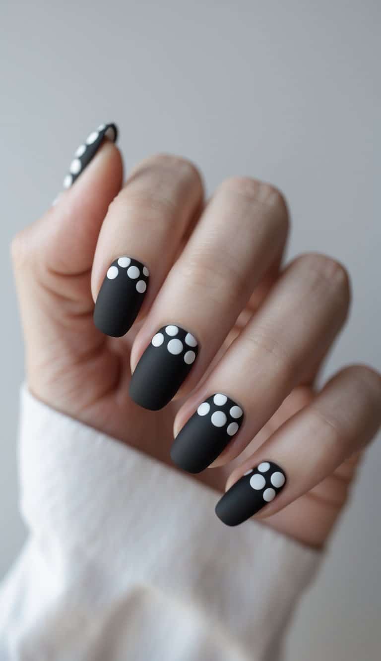 A detailed view captures almond-shaped nails painted matte black with white dot accents, showcasing a chic two tone nail art idea with a graphic, editorial feel.