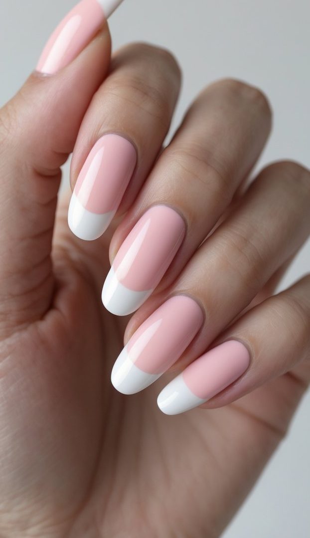 Front-facing hand with almond-shaped nails showing a colored French nail art idea, featuring pale pink polish, clean white French tips, glossy surface, and neutral studio lighting.